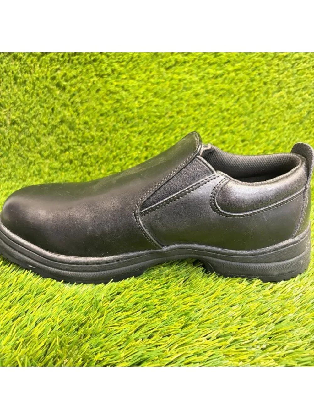 SlipGrips Mens Size 9 Black Leather Slip-Resistant Slip-On Steel Toe Work Shoes